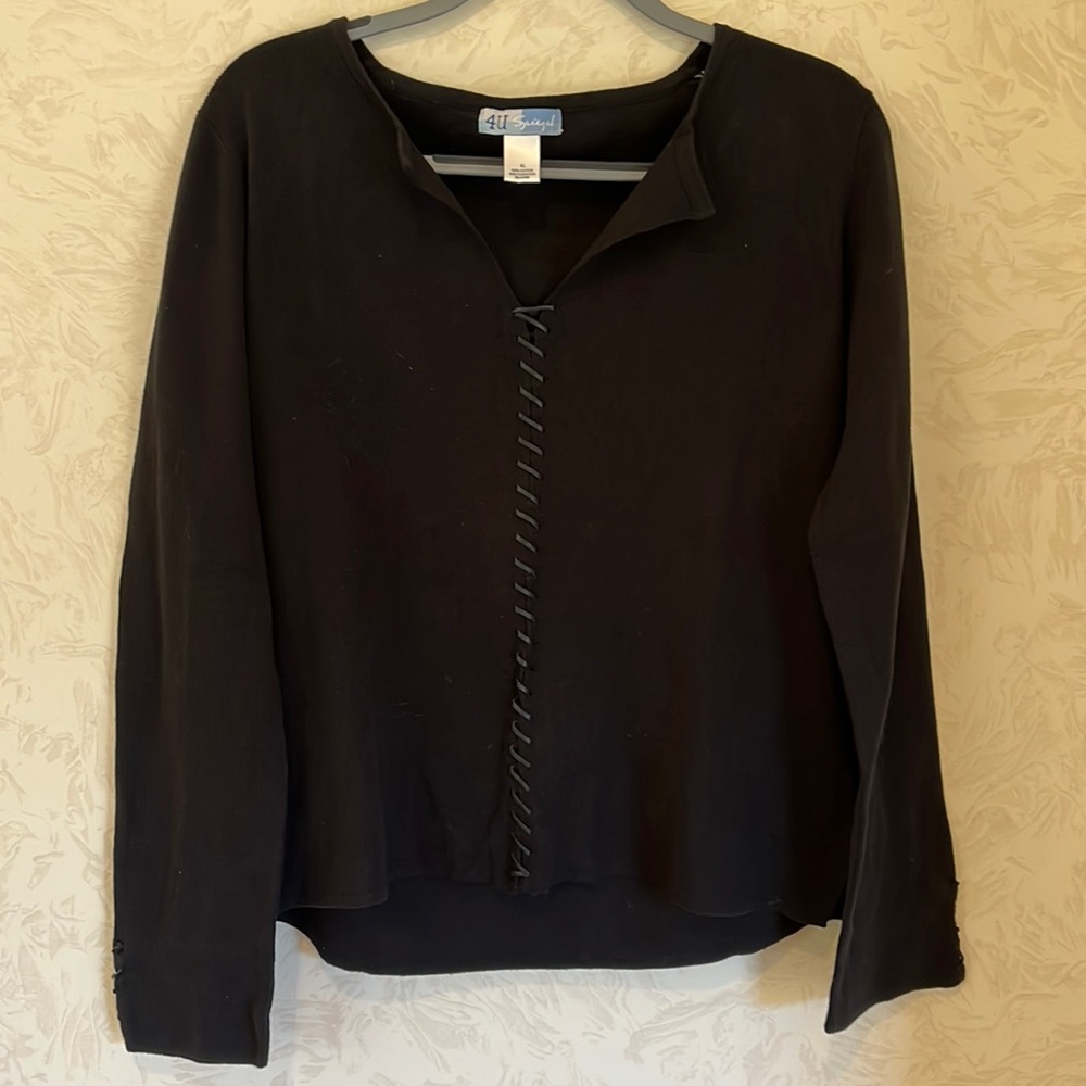 Spiegel Black with Vegan Leather Lace Stitch Cotton Sweater Size XL